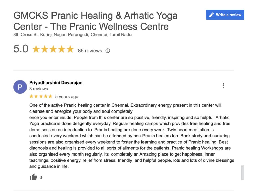 Google Review highlighting customer satisfaction at Pranic Wellness Centre in Perungudi